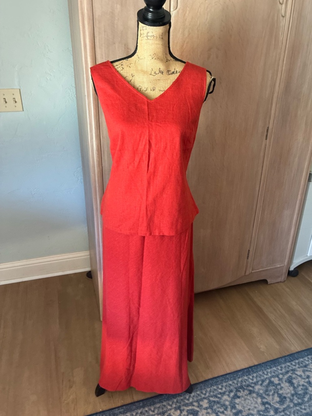 VTG linen Y2K Boho Burnt Siena Sleeveless waistcoat Top Maxi Skirt Set 2pc